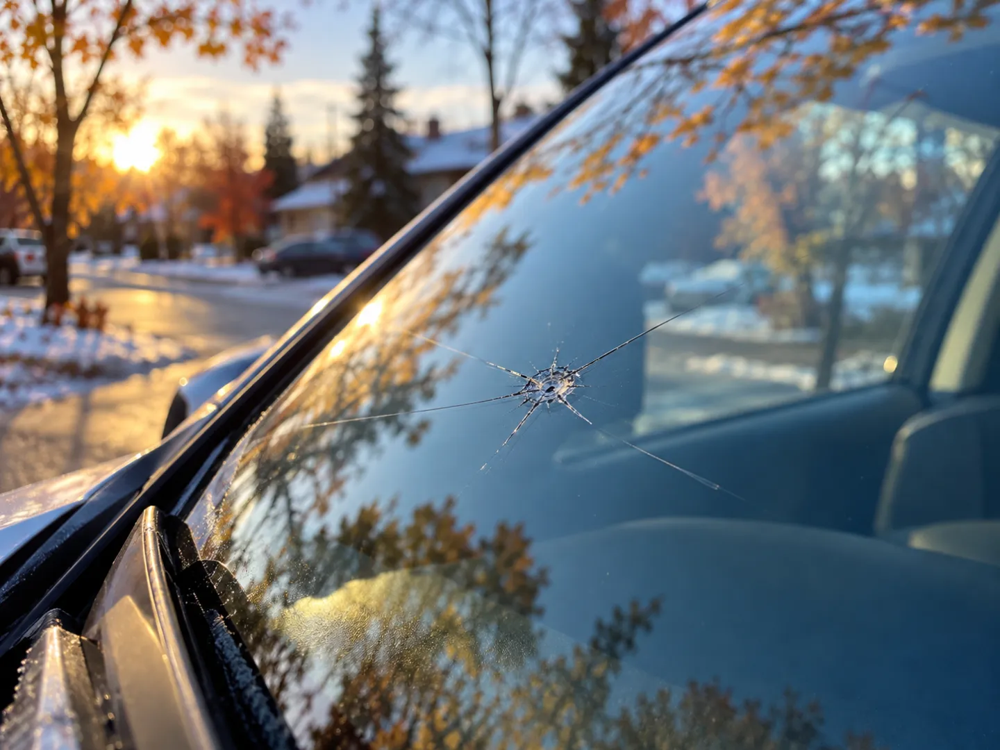 Windshield chip at winter sunrise on a Canadian vehicle
