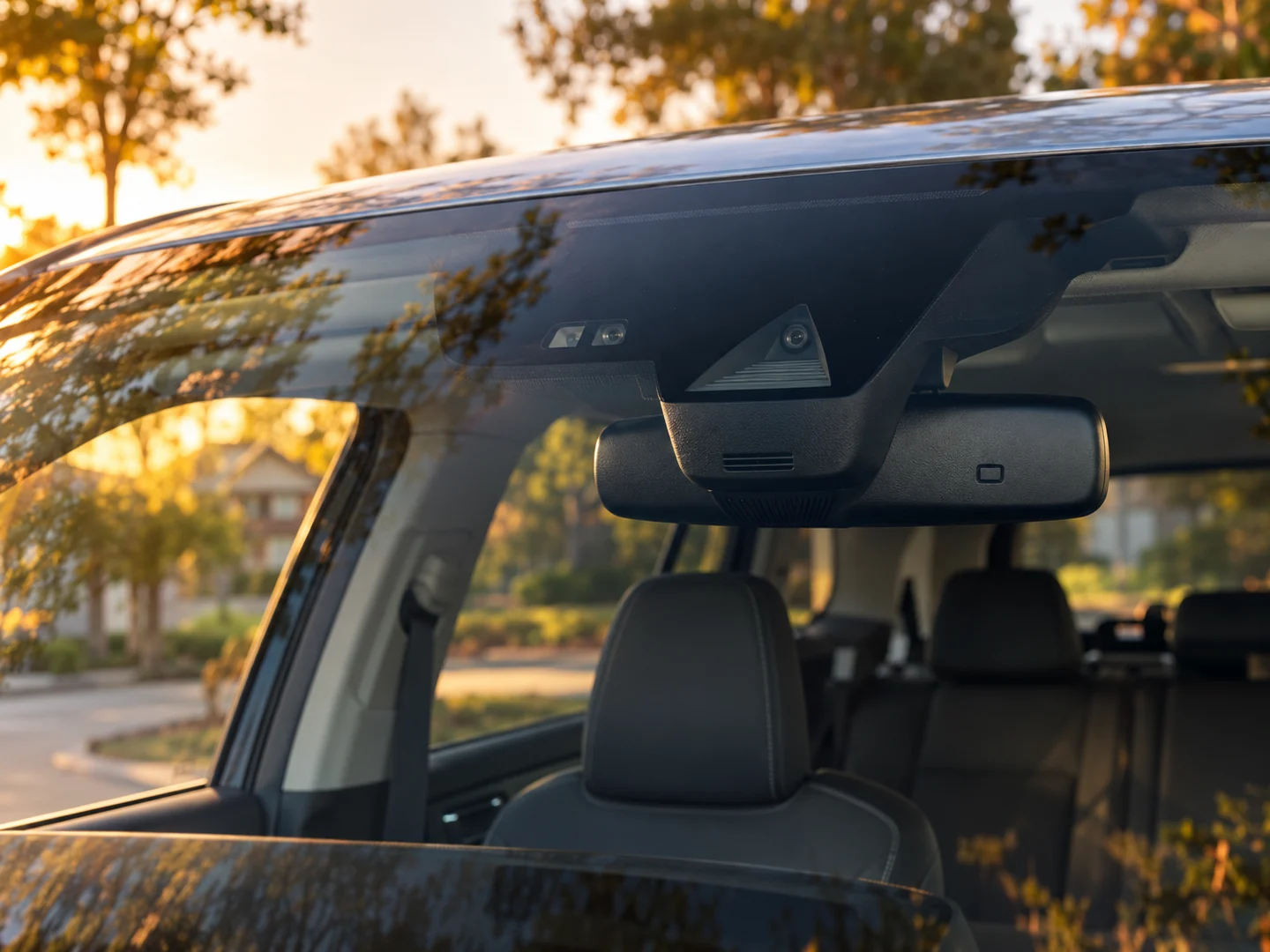 ADAS camera and sensor housing on a windshield at golden hour